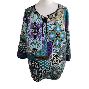 Bob Mackie Wearable Art Womens 1X Tunic Top Blue Purple Tile Print  Bohi Artsy